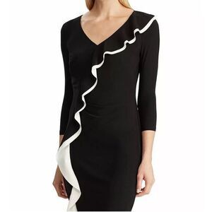 Lauren Ralph‎ Lauren Black White Ruffle-Trimmed Knit Dress 2 Office Corprcore